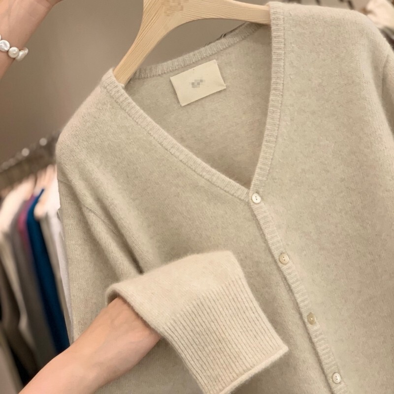 Spring and Autumn Thin V Neck Cashmere Cardigan Women's Loose Slim Curled Sweater Tops Knitted Sweater Full Color Easiest for Match Top