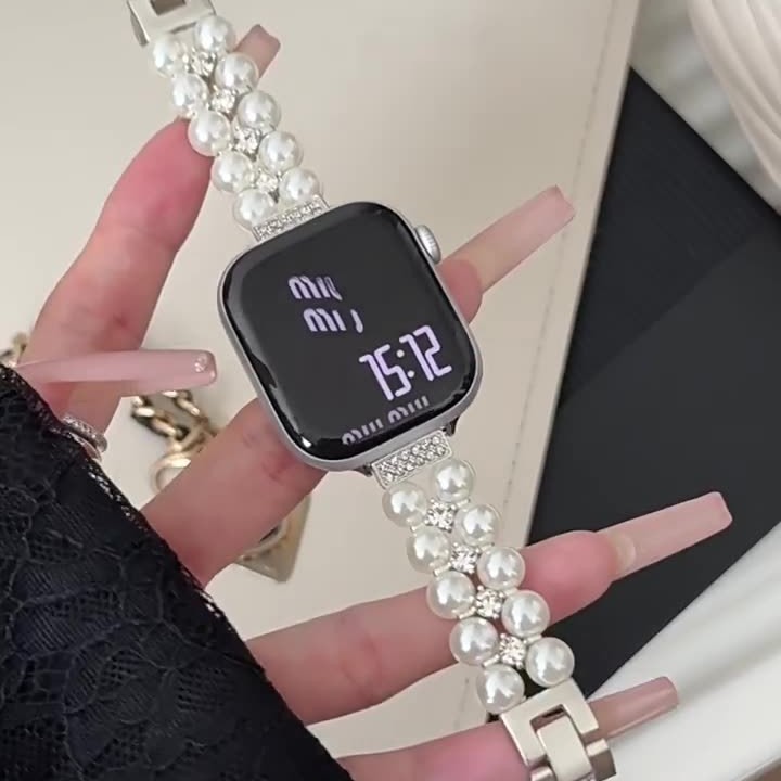 小香风双排珍珠镶钻链款金属表带适用苹果手表iwatch12代11/10