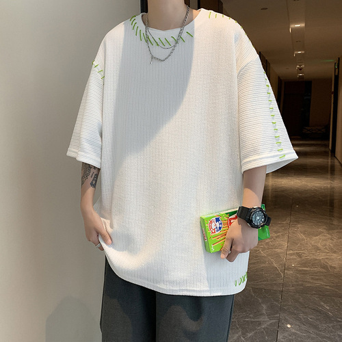 Waffle Short Sleeve T-Shirt American Street Style Ins Couple Men Half Sleeve Summer Heavyweight Loose Trendy Cool Shirts