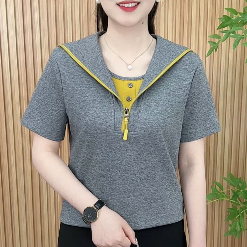 Women's Navy Collar Summer Short-Sleeve T-Shirt with Zipper, Plus-Size Loose Fit, Slimming Polo Shirt Top for Moms Women's Navy Collar Summer Short-Sleeve T-Shirt with Zipper, Plus-Size Loose Fit, Slimming Polo Shirt Top for Moms
