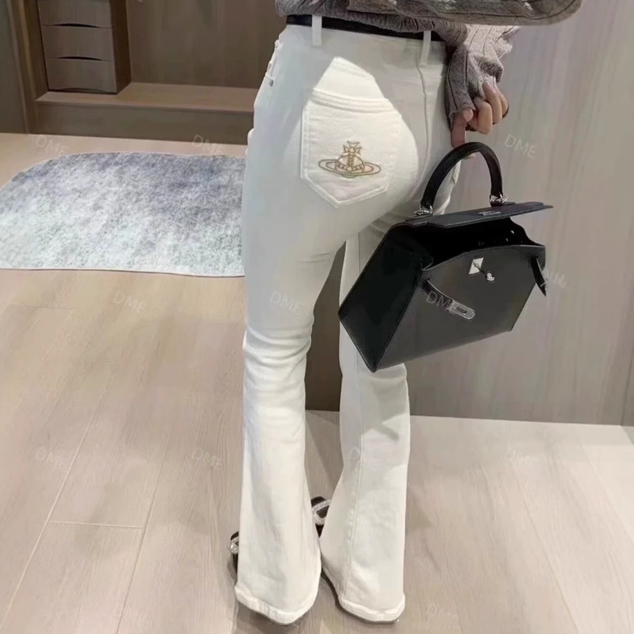 现货西太后土星vivi微喇叭休闲长裤女设计感后袋刺绣马蹄拖地裤子