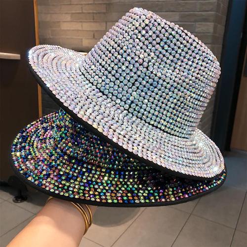 Hat women's autumn and winter fashion rhinestone elegant jazz hat British retro all-match diamond woolen women's hat trend