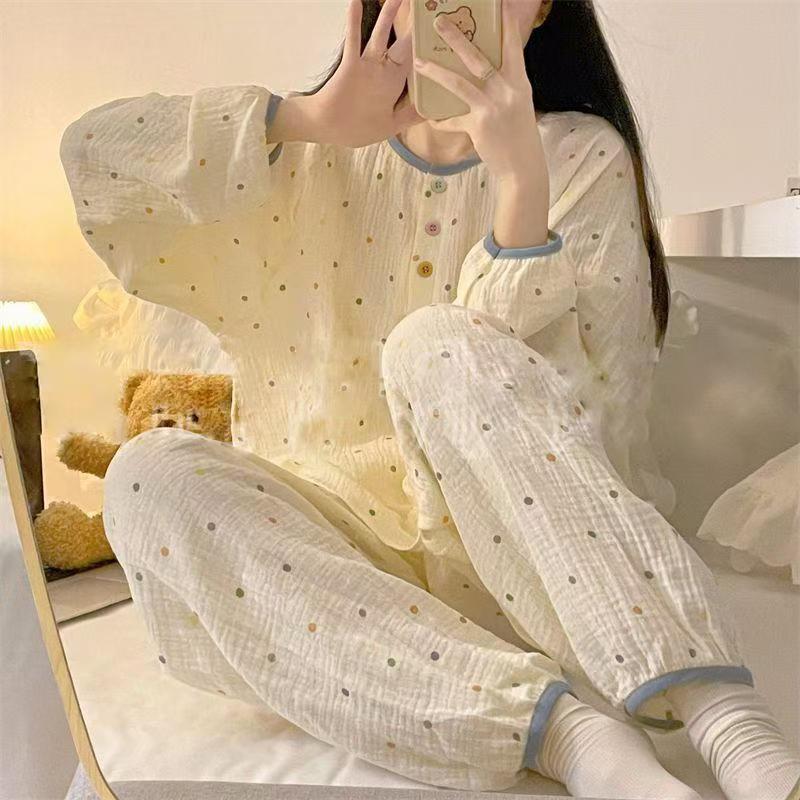 ins甜美可爱彩色波点睡衣女春秋新款外穿长袖长裤洋气居家服套装|undefined