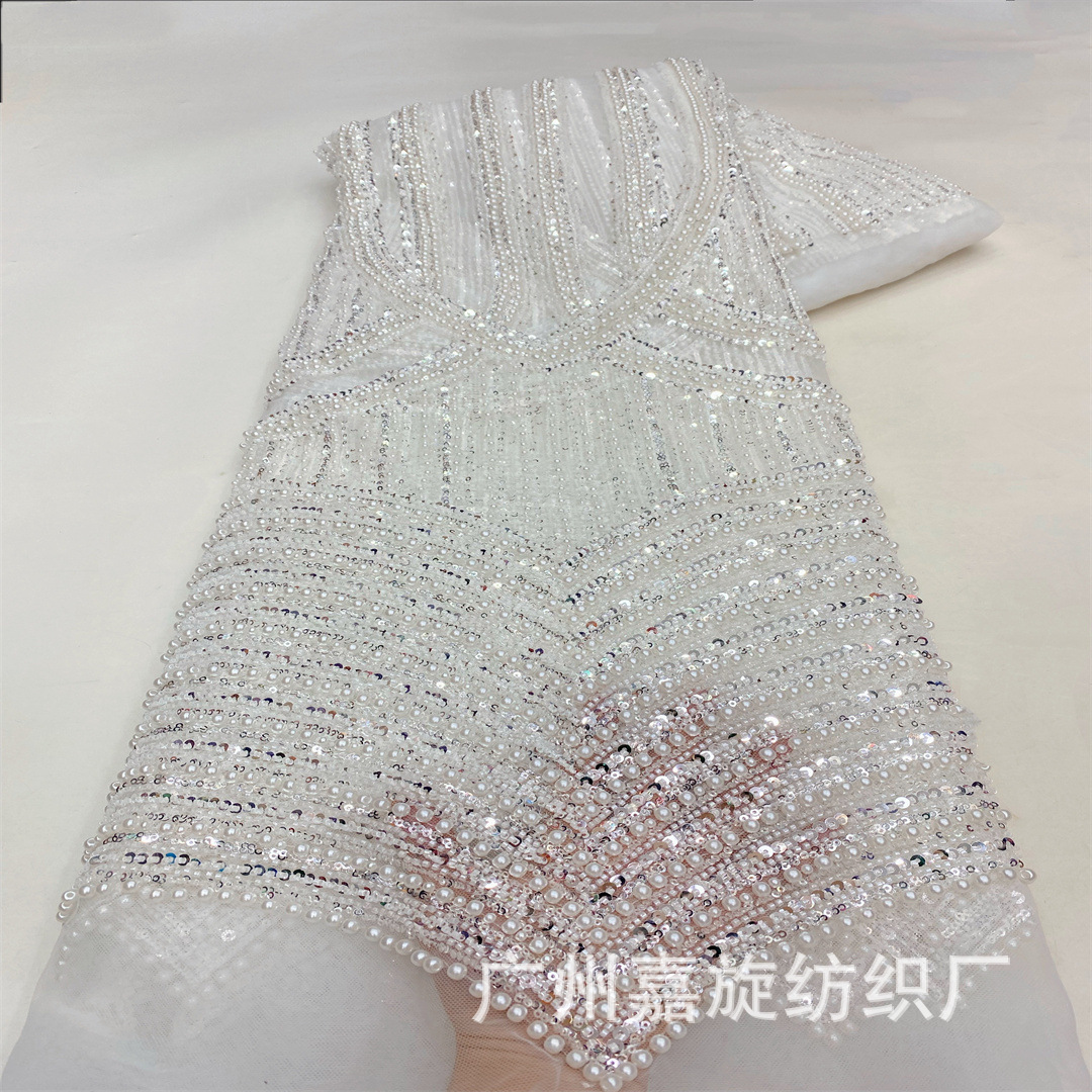 Tela de encaje africana de alta gama con cuentas pesadas, lentejuelas de cristal y bordados para vestido de novia, tela de moda. image 8