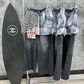 2025秋街头嘻哈拼接格纹花边裙美式复古屁帘红色裙牛仔裤阔腿裤女