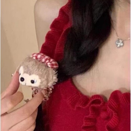 Adorable and Sweet Sherly Daffy Sharing Circle Girl Teddy Bear Grid Fleece Headband Autumn and Winter Cartoon Japanese Style Headband Accessory