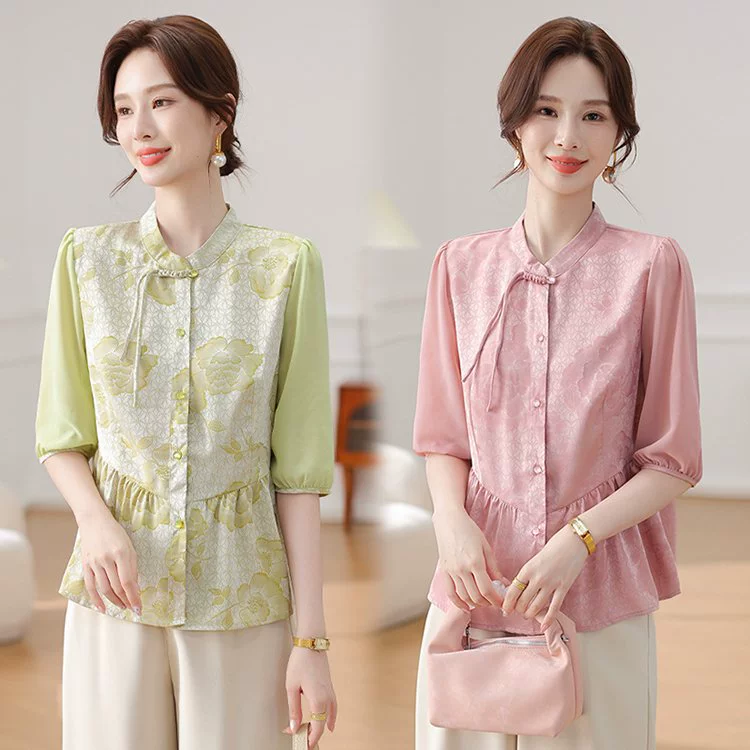 Летняя одежда для молодой мамы, новинка 2025 года, шифоновая рубашка с рукавом три четверти, футболка для женщин среднего и пожилого возраста, женский летний топ в национальном стиле