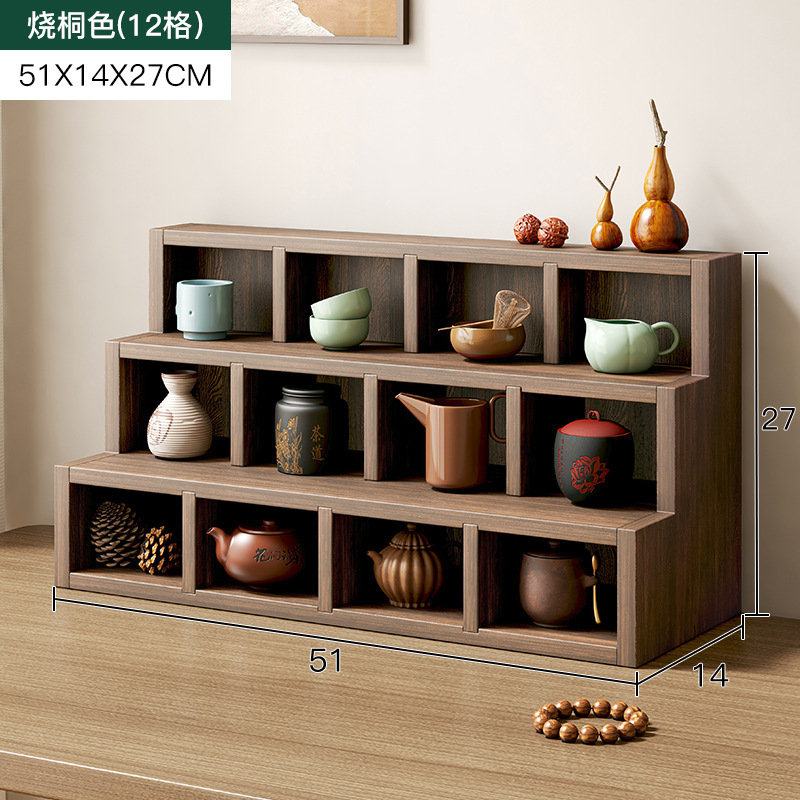 Portavasos de té a cuadros de madera maciza ceremonia del té olla de arcilla púrpura estante de exhibición montado en la pared Duobao Pavilion mesa de té escritorio antiguo estante pequeño