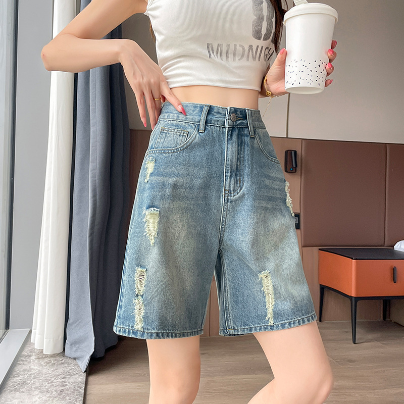Distressed Ripped Denim Shorts for Women Summer Thin 2025 Washed High-Waisted Straight Slimming Look Loose Wide-Leg Five-Point Pants