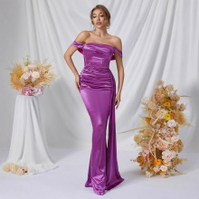 欧美跨境高级感紫色缎面礼服 一字肩露肩设计修身鱼尾舞会连衣裙