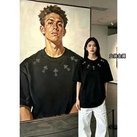 索罗娜凉感美式潮牌立体金属T恤短袖夏季欧美街头个性男女上衣服