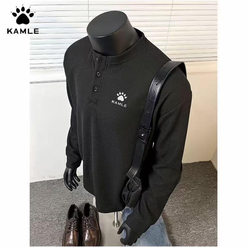 Carl's Autumn and Winter Versatile Waffle Knit Henley Collar Casual Couple's Top Sports Waffle Long-Sleeve T-Shirt Carl's Autumn and Winter Versatile Waffle Knit Henley Collar Casual Couple's Top Sports Waffle Long-Sleeve T-Shirt