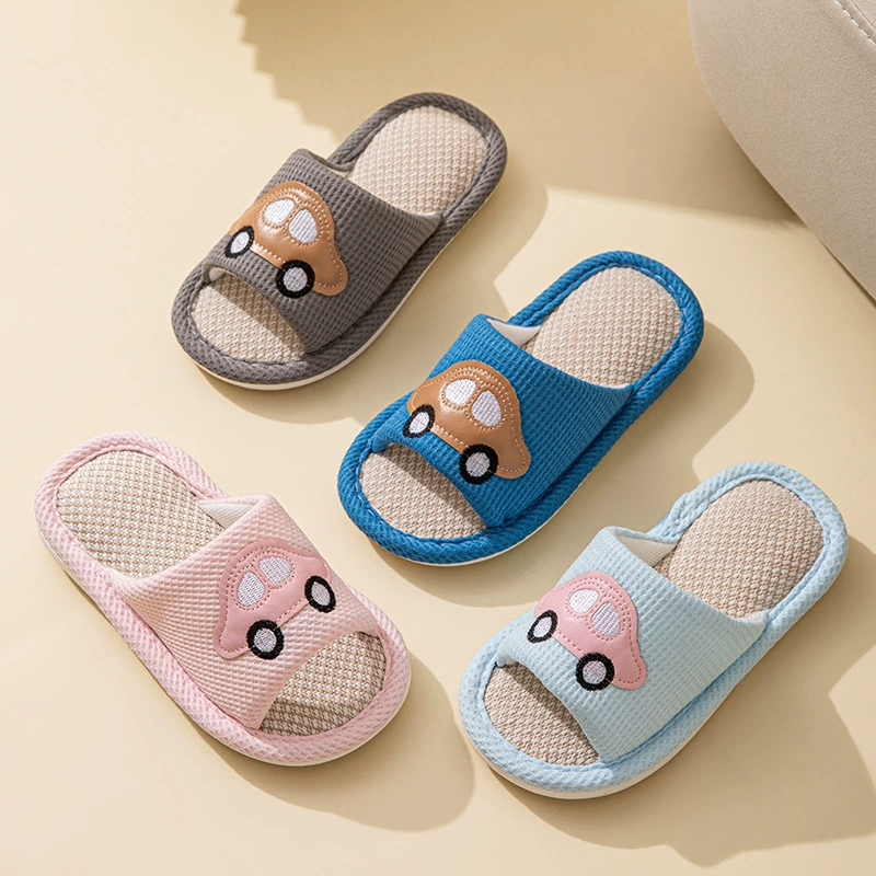 Летние детские сандалии с открытым носком для мальчиков и девочек, льняные, с мультяшным принтом автомобиля, на все сезоны