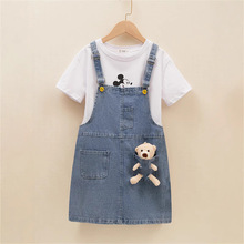 童装背带裙女童牛仔套装夏装新款韩版洋气棉质时尚小熊短袖两件套