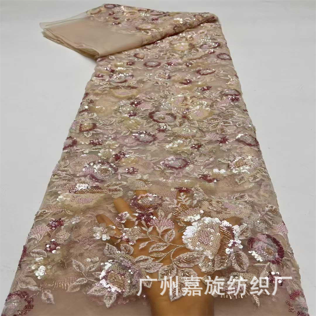 Tela de malla bordada con lentejuelas multicolor y cuentas, para vestidos de novia, con ribete de encaje bordado. image 9
