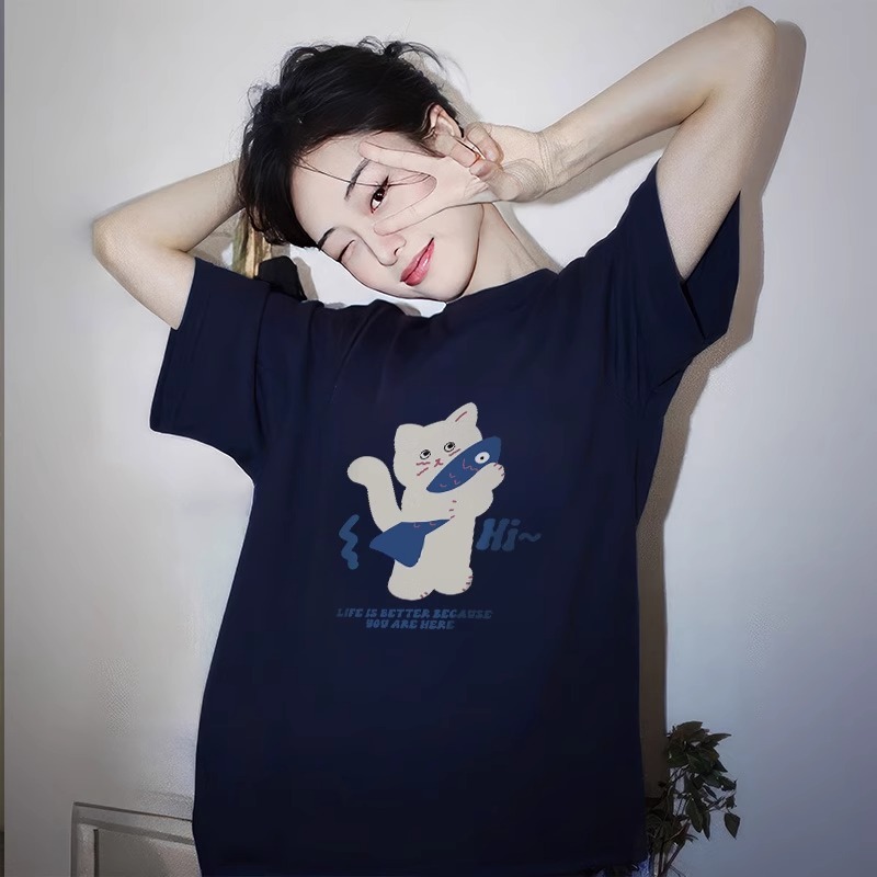 ピュアコットン半袖Tシャツレディース2025年夏新作ゆったりレディース半袖ネイビーブルー超見栄えの良い韓国シックトップス|undefined