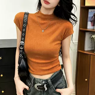 半高领无袖T恤女修身纯色打底衫内搭上衣新款百搭假领背心设计感