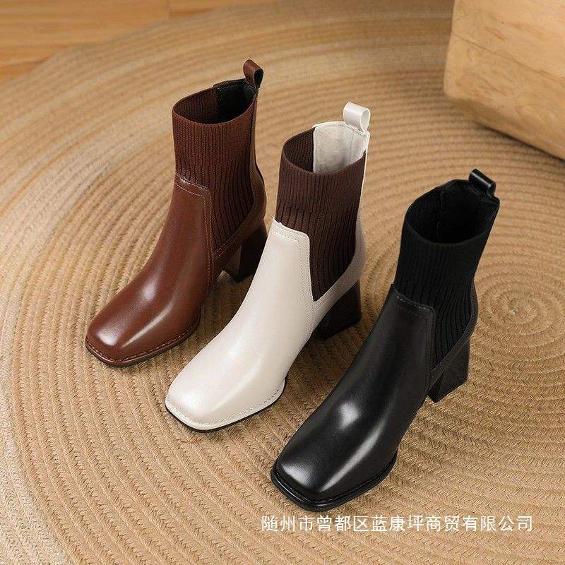 Plus Size Elastic Socks Boots Slim Chelsea Boots High Heel Short Boots Women's Spring & Fall Single Boots 2025 Square Toe Versatile Fashion Boots