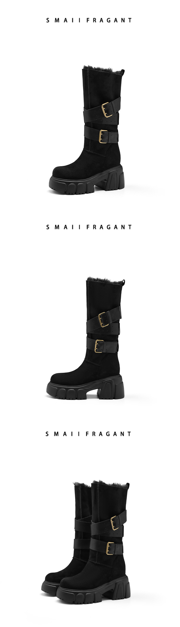 Boot nữ mùa đông kiểu Anh gót vuông 10cm khóa thắt lưng phong cách xe máy — nhung đen chi tiết 6
