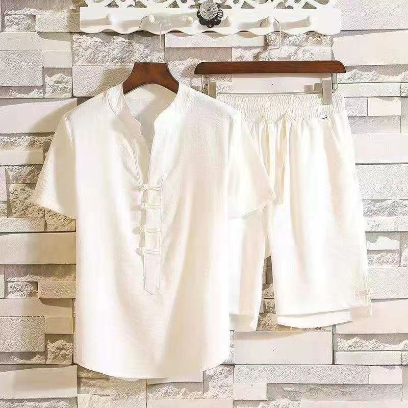 Men's Clothing Fat Men's Linen Style Suit Plus Size Tang Suit Men's Summer Short Sleeve Cotton and Linen Retro Two piece Suit_mkmklike.com