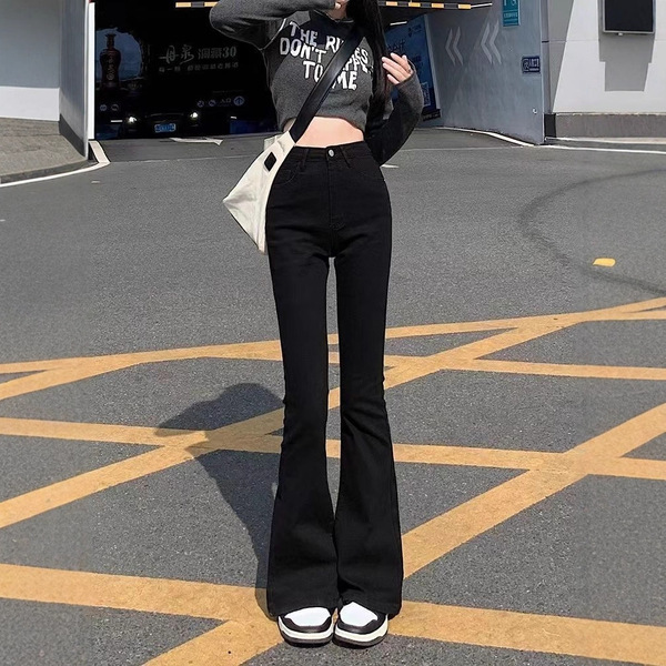 复古韩版黑色微喇牛仔裤女四季高腰弹力修身显瘦高个子拖地喇叭裤