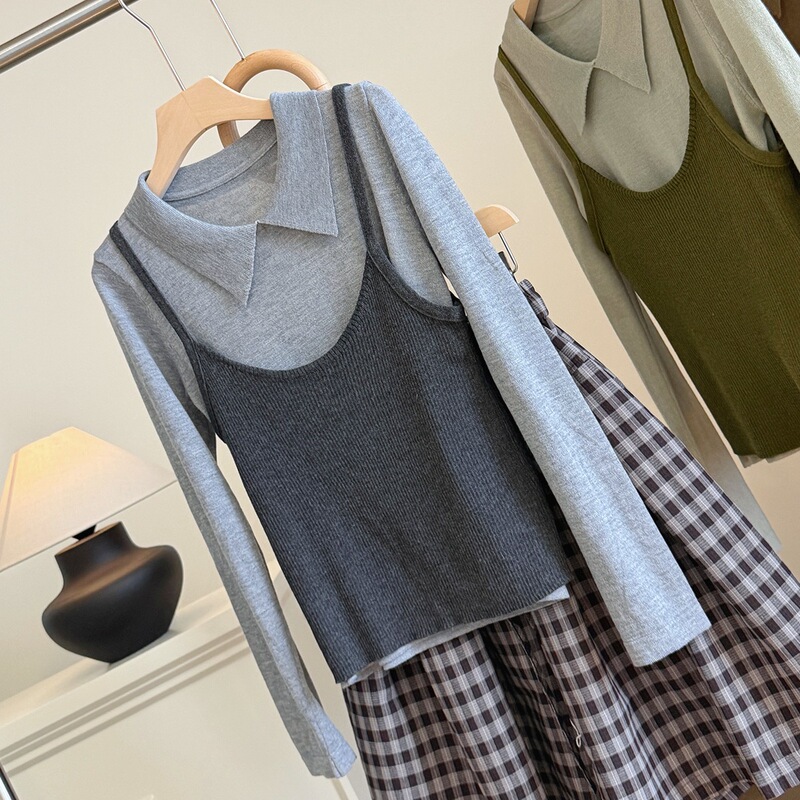 Korean-style retro knit two-piece set for women, autumn camisole layered with slim-fit long-sleeve collared base shirt top Korean-style retro knit two-piece set for women, autumn camisole layered with slim-fit long-sleeve collared base shirt top