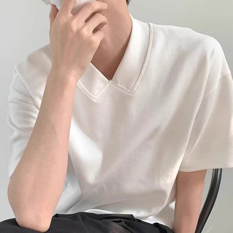 Factory direct supply v collar t-shirt boyfriend wind loose short sleeve sweater niche design shirt collar stitching half sleeve top