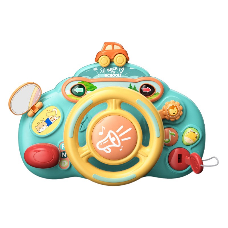 子供のハンドルのおもちゃはシミュレーションして車の後部座席の自動車の赤ちゃんの赤ちゃんの女性の男の子を運転します。