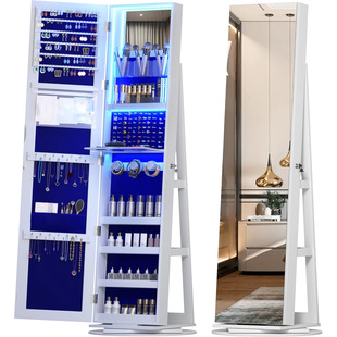 360 ° Rotating Frameless Mirror with Lights, Floor-Standing Jewelry Mirror Cabinet with Multiple Shelves, and Led Lighting Inside