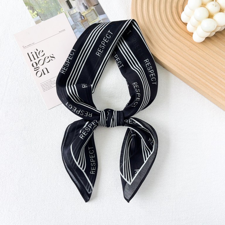 Bufanda cuadrada pequeña con sentido de la atmósfera coreana de "seda", blanco y negro, temperamento de alta gama, bufanda de seda decorativa simple y de moda, bufanda de mujer