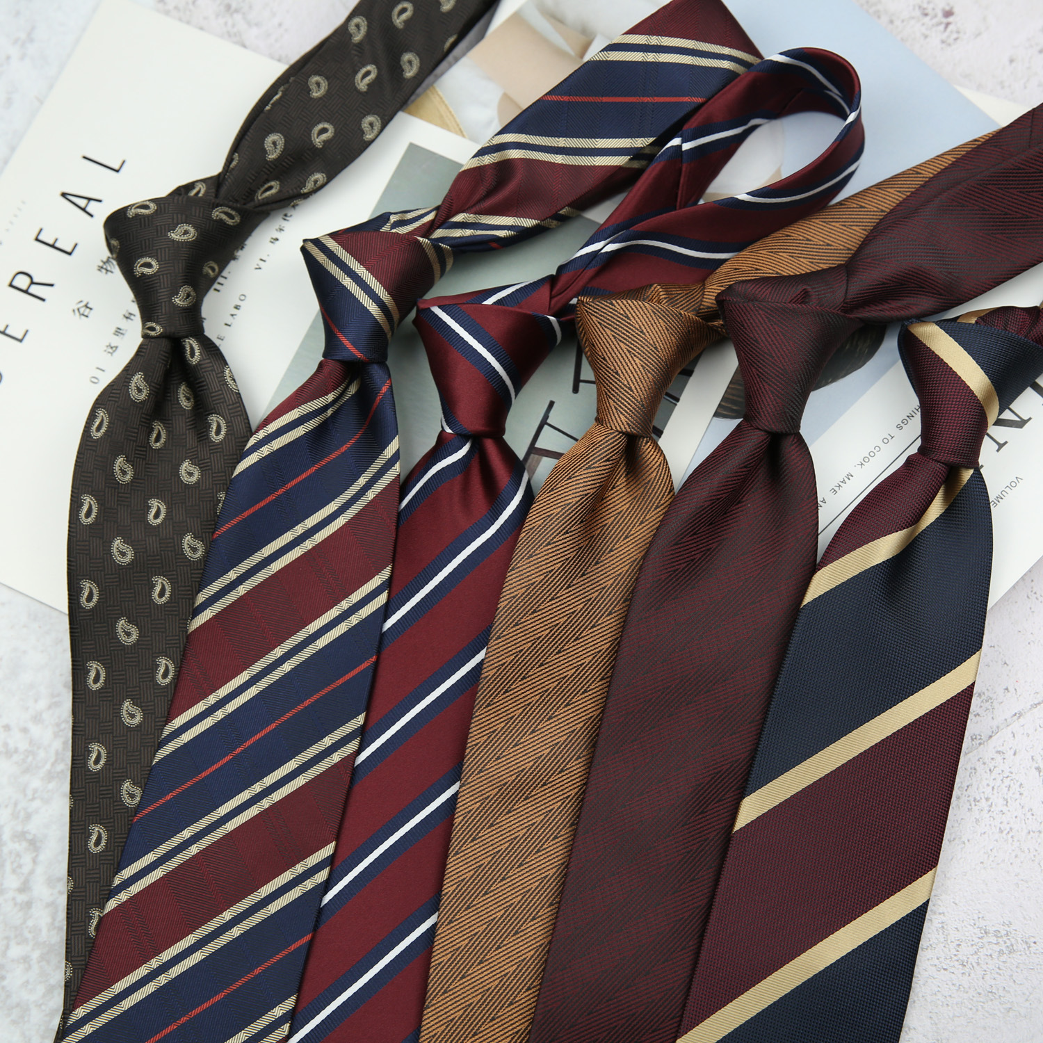 8CM手打领带 男正装商务西装结婚腰果条纹酒红色咖色新郎领带