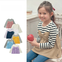 2022 Autumn Thickened Children's T-Shirt Japanese Style Bowknot Long Sleeve Striped Version for Older Children and Teens Cotton Cross-Border Upgraded Top