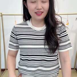 主播自留天丝亚麻条纹圆领短袖125斤不退换6.2