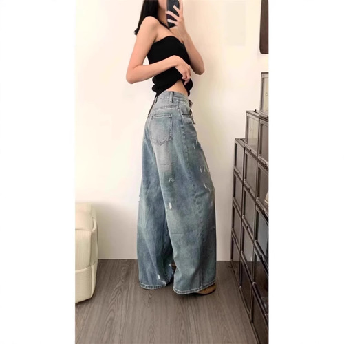 American-style holey light-colored slim-fit wide-leg jeans for women, 2025 summer loose high-waisted straight-leg floor-length pants
