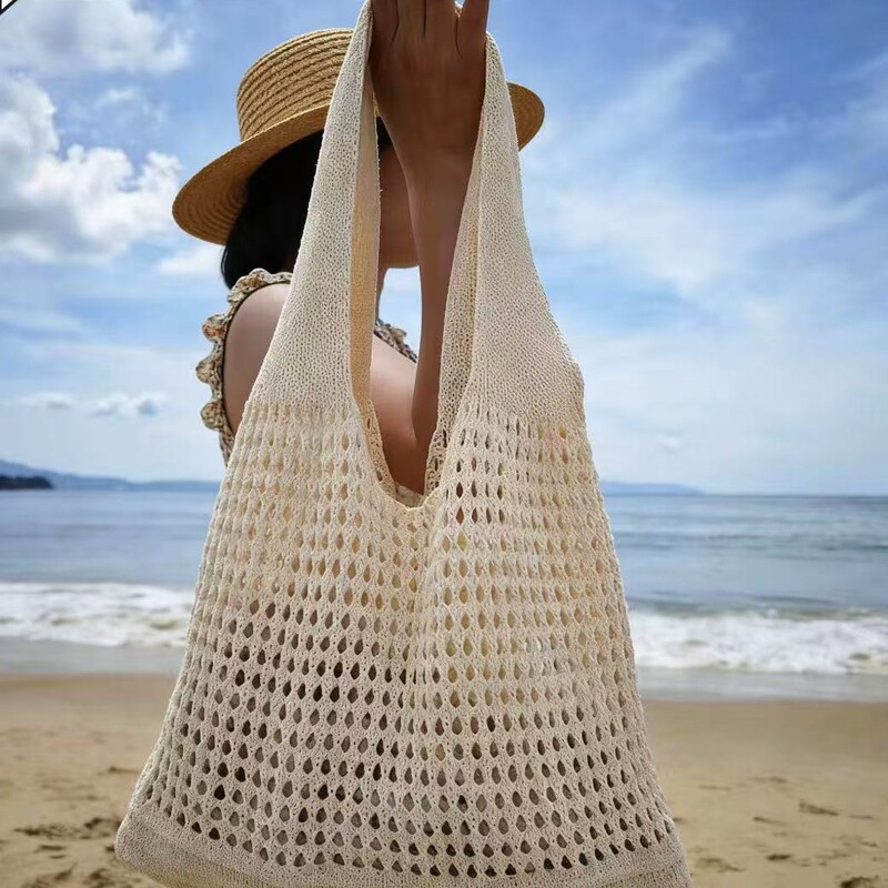 Fashionable Hollow-Out Knitted Beach Bag, New Seaside Shoulder Bag, Simple Versatile Woven Tote, Large Capacity Vacation Xr