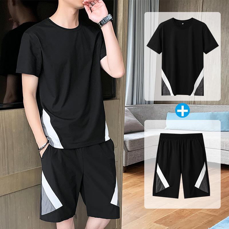 Conjunto deportivo de verano para hombre, de marca de moda, de algodón puro, de manga corta, informal, con pantalones cortos de seda helada, conjunto de dos piezas para correr.