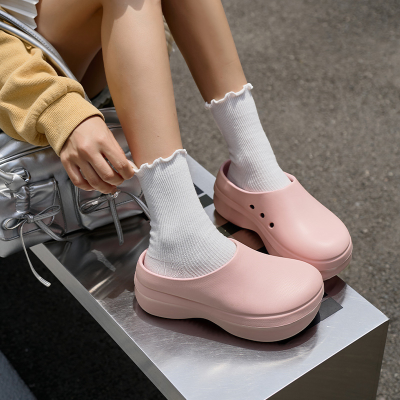 Macaron Color Chef Shoes for Women, Summer Trend, Versatile Outer Wear, Non-Slip, Waterproof, Slip-On Heightening Toe-Cap Slippers for Men