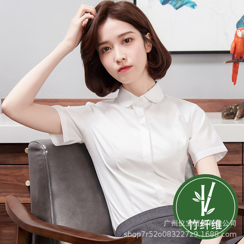 Elastic Bamboo Fiber White Shirt Round Neck Professional Women's Short-sleeved Work Clothes Formations Interview Falls Wrinkle-resistant All-match Shirt