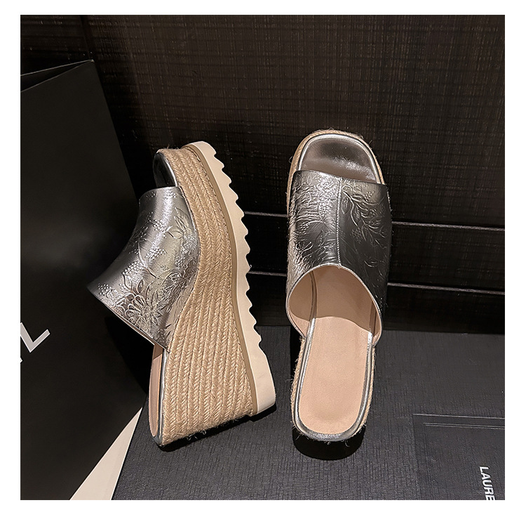 Sandal cao gót nữ mũi hở đế xuồng đan rơm phong cách La Mã — màu be, bạc chi tiết 28