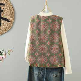中式人丝提花马夹女 新款冬季保暖夹棉背心国风马夹上衣