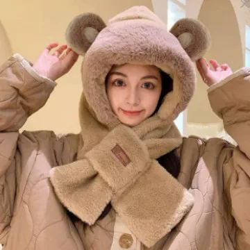 Winter Warm Scarf One-piece Hooded Bear Hat Children's Riding Cold-proof Ear Protectors Cute Plush Scarf Cap