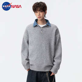 NASA复古假两件翻领套头毛衣男女秋季宽松拼接宽松慵懒风针织上衣