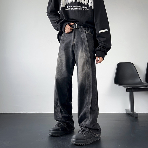Vintage Black Gradient Denim Jeans for Men - Spring and Autumn Streetwear, Washed and Distressed, Loose Straight Leg Pants, Niche Pants