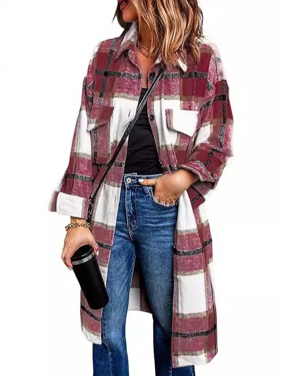 Women's 2024 Midi Plaid Jacket Long Sleeve Button-Up Shirt Fashionable Winter Scrub dress Coat