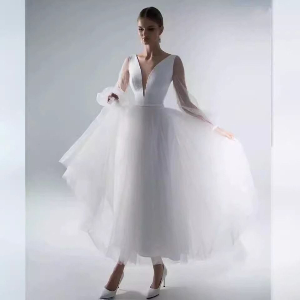 Comercio exterior europeo y americano Amazon AliExpress deseo nuevo profundo V burbuja malla manga larga MIDI vestido de novia