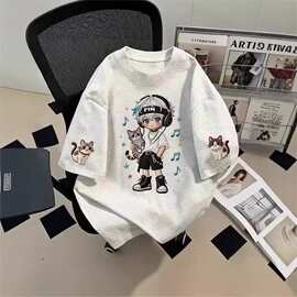 【耳机少年】男童夏季短袖T恤卡通猫咪印花中大童宽松亲子系