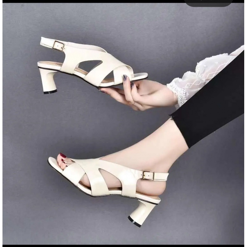 Dép sandal nữ gót dày da bò mềm hở lưng, gót 5 cm — Màu đen (5 cm)