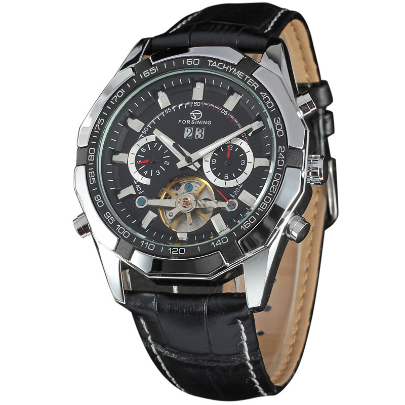Forsining hombres moda casual gran dial Tourbillon reloj mecánico automático calendario semana reloj