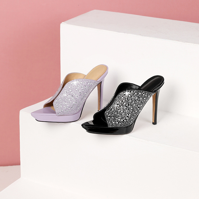 Sandal cao gót nữ mũi nhọn hở mũi đính đá, quai ngang, đế platform, gót 9 cm — Màu đen da cừu lộn