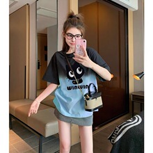 甜酷风卡通减龄中长款t恤女今年流行的渐变色洋气宽松遮肚子上衣